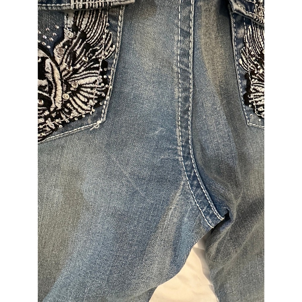 NWT SKY Blue Bootcut Jeans 13 Winged Skull Rhinestone Bling Y2K Mall Goth Denim - Picture 12 of 13